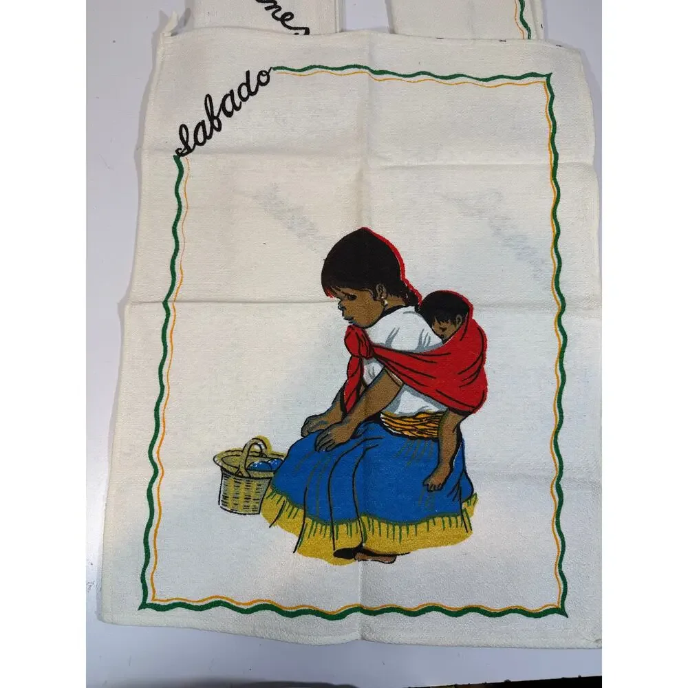 Vintage MCM Spanish Print Cotesa Tea Towels days of the week NO DOMINGO